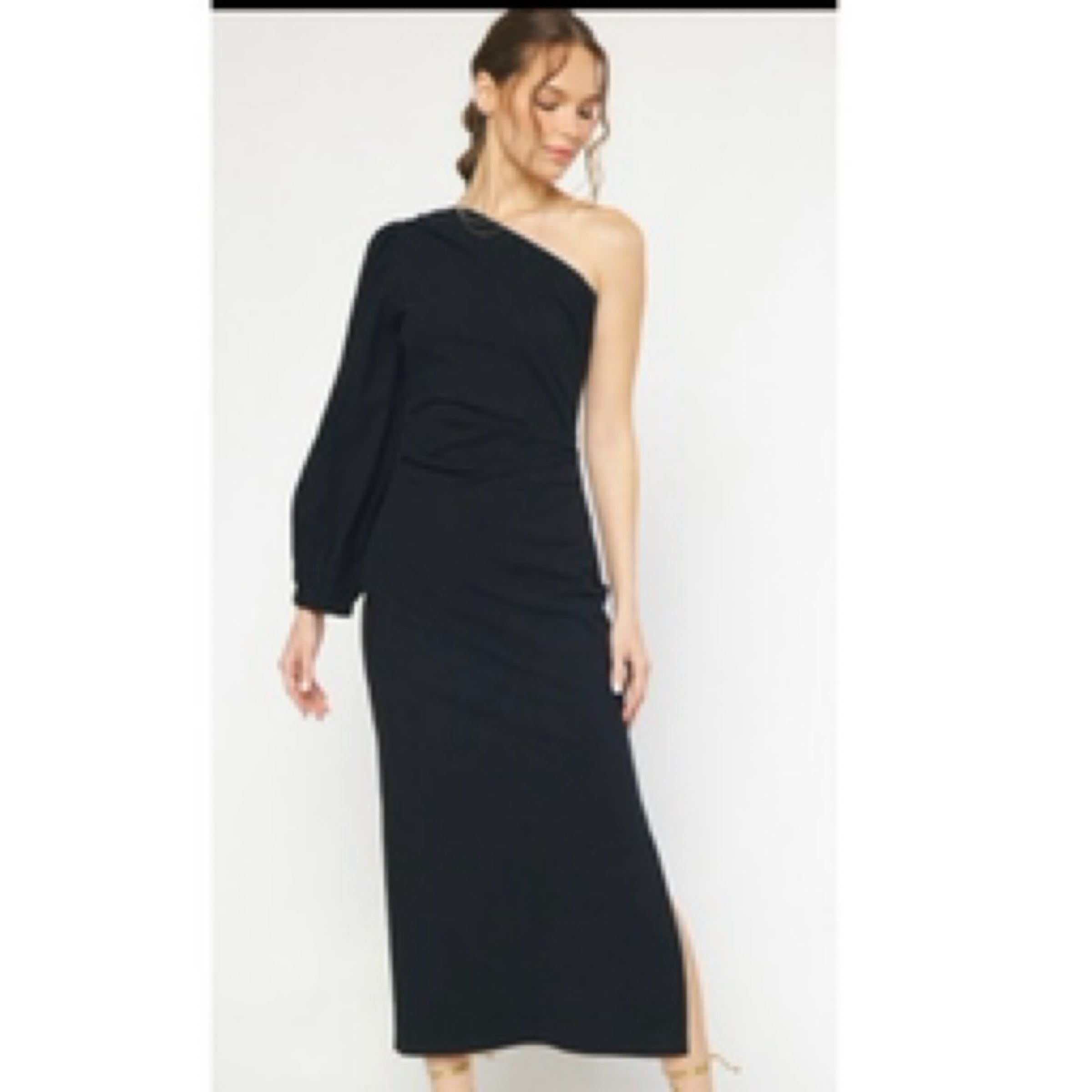 Single sleeve asymmetrical midi dress featuring slit at side. Elastic sleeve  openings. Invisible zipper at side. Unlined. Woven. Non-sheer. Lightweight.  | Small Town Circle Clothing
